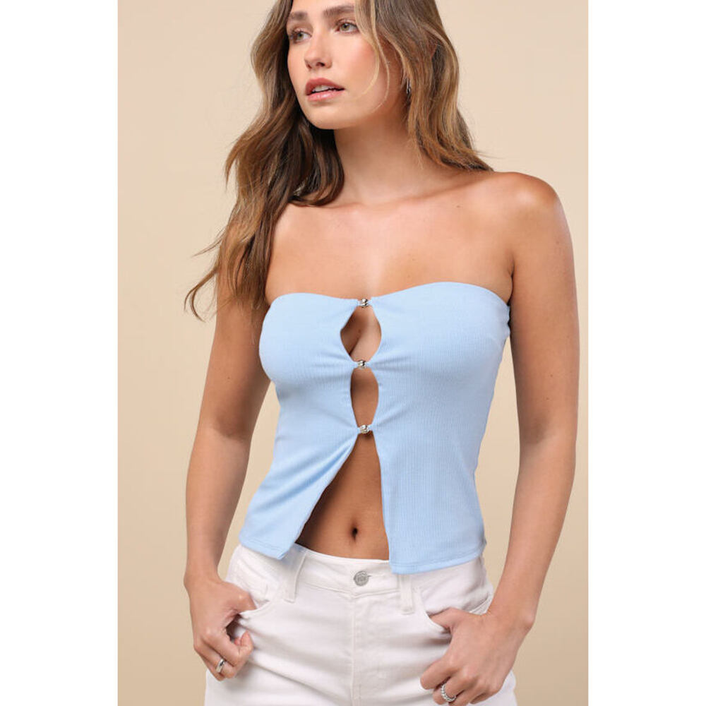 Lulus Anara Light Blue Ribbed Cutout Flirty Beaded Strapless Top - Size XL - NWT